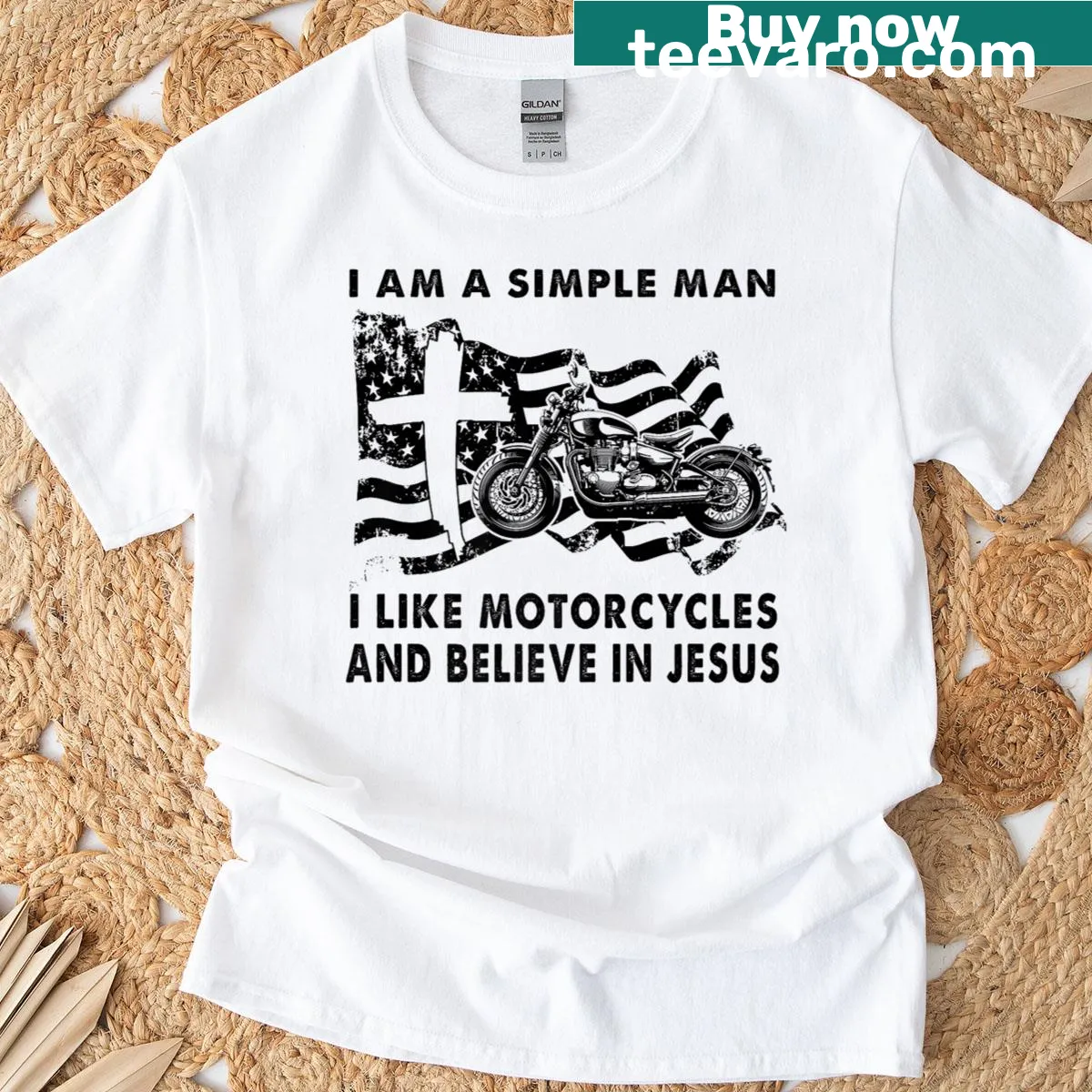 T-shirt with 'I Like Motorcycles And Believe In Jesus' text — on a men's t-shirt