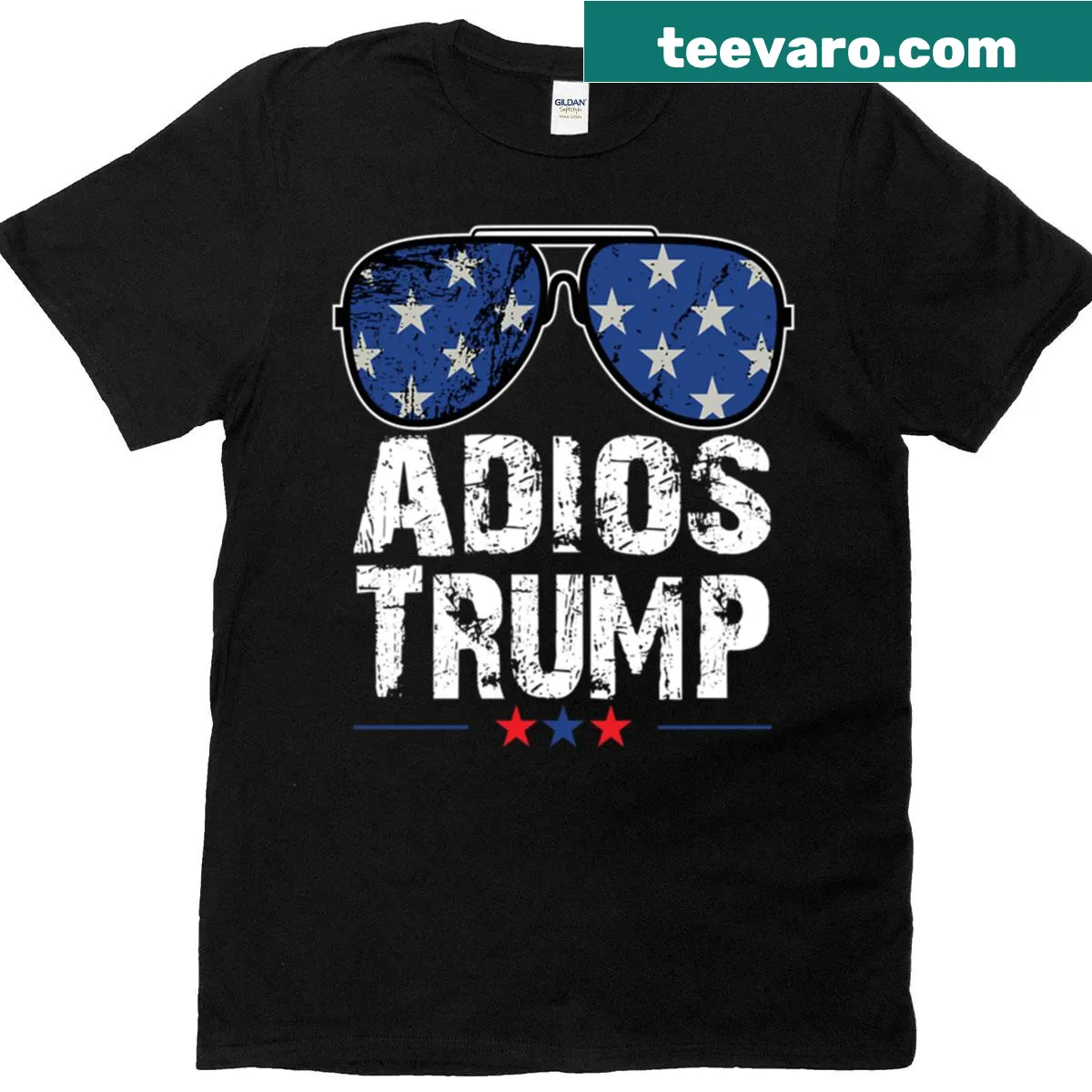 Baseball sleeve T-shirt with 'Adios Trump' graphic — on a men's t-shirt