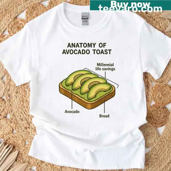Whimsical illustration of avocado toast anatomy on an oversized T-shirt.