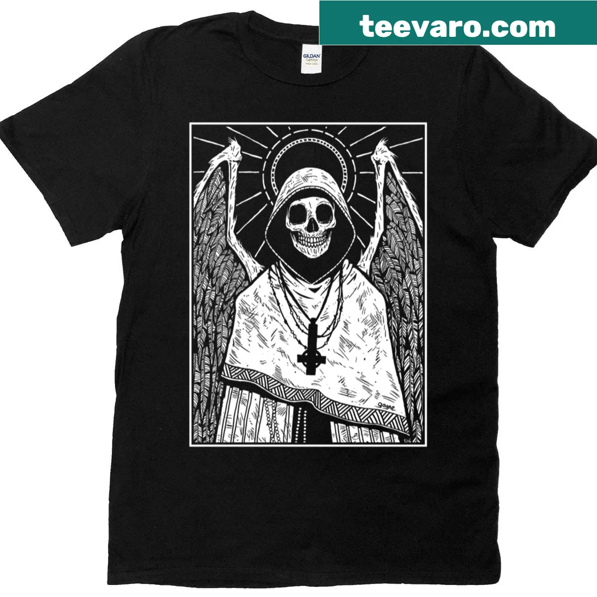 Striking T-shirt featuring an intricate Angel of Death illustration — on a men's t-shirt