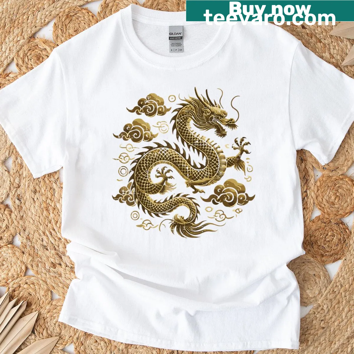 Vintage-style T-shirt featuring a dragon and clouds design. — on a men's t-shirt