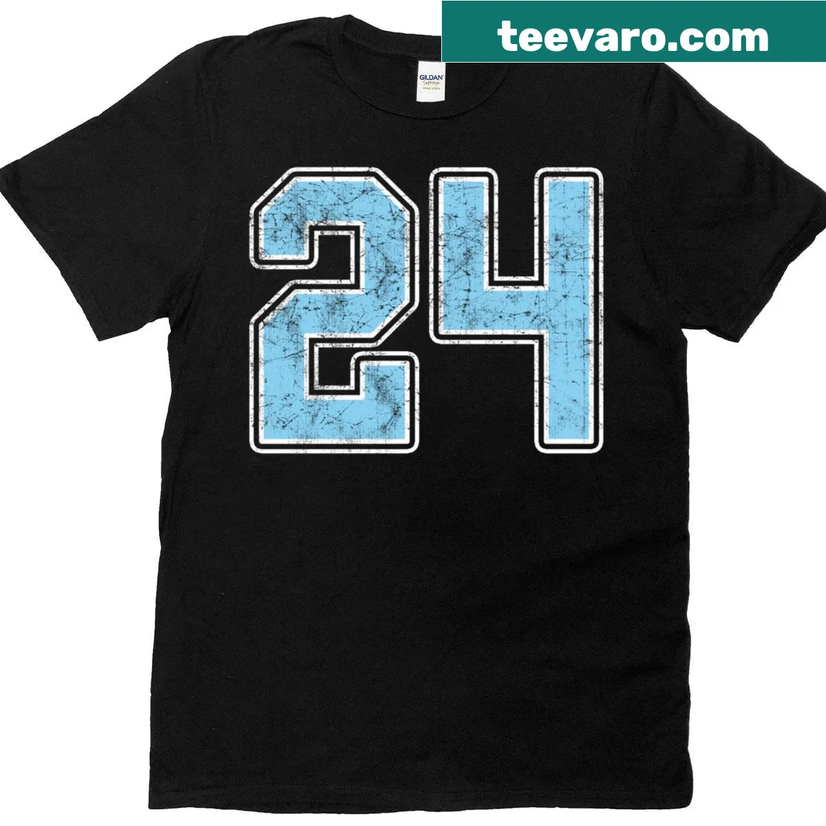 Jersey style T-shirt featuring the number 24 — on a men's t-shirt
