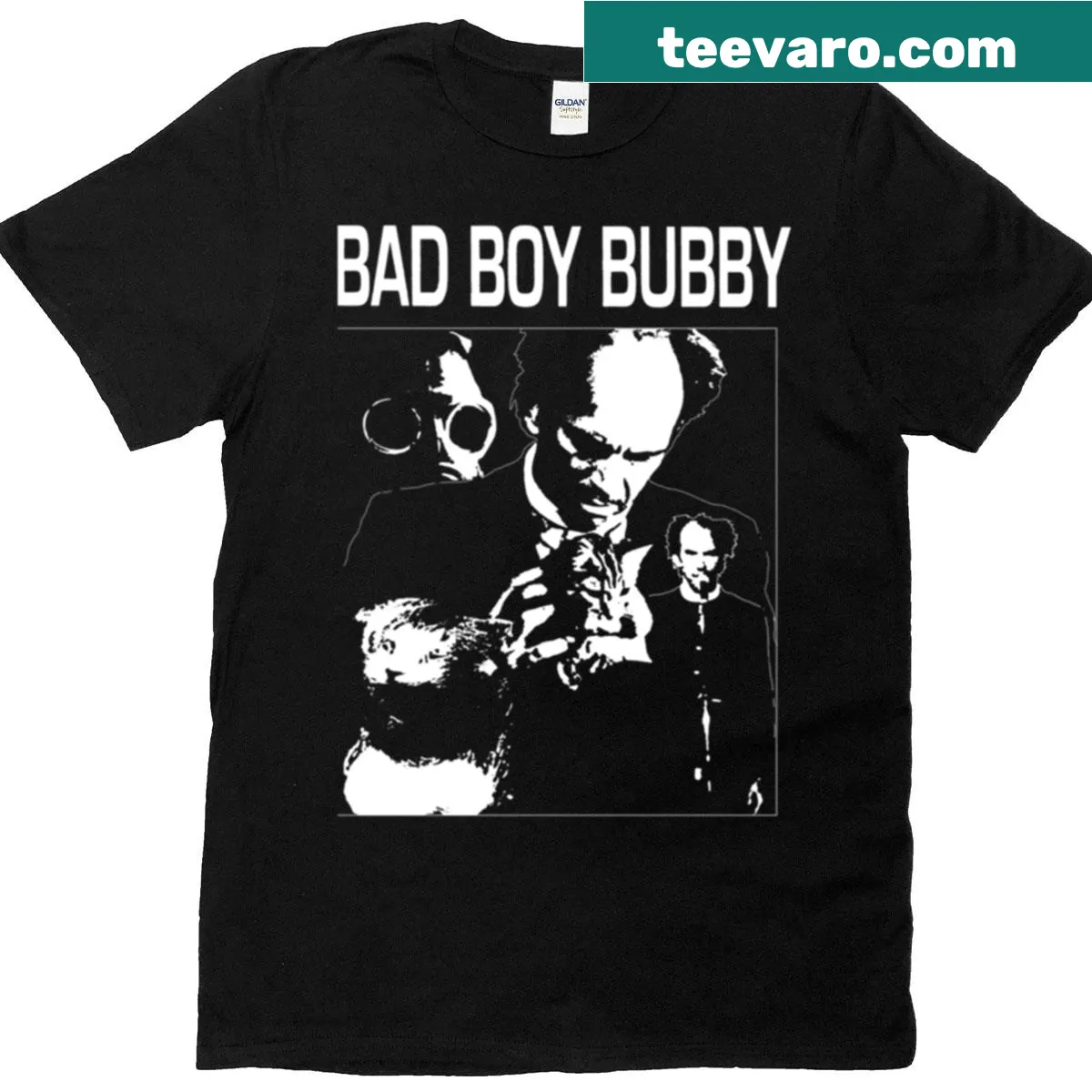Graphic T-shirt celebrating Bad Boy Bubby with movie quotes and imagery — on a men's t-shirt