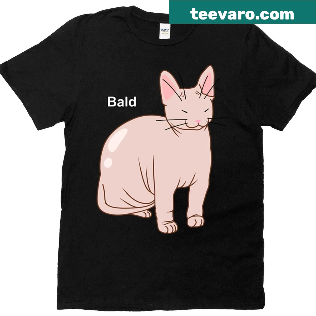 Funny t-shirt featuring a bald cat meme design — on a men's t-shirt