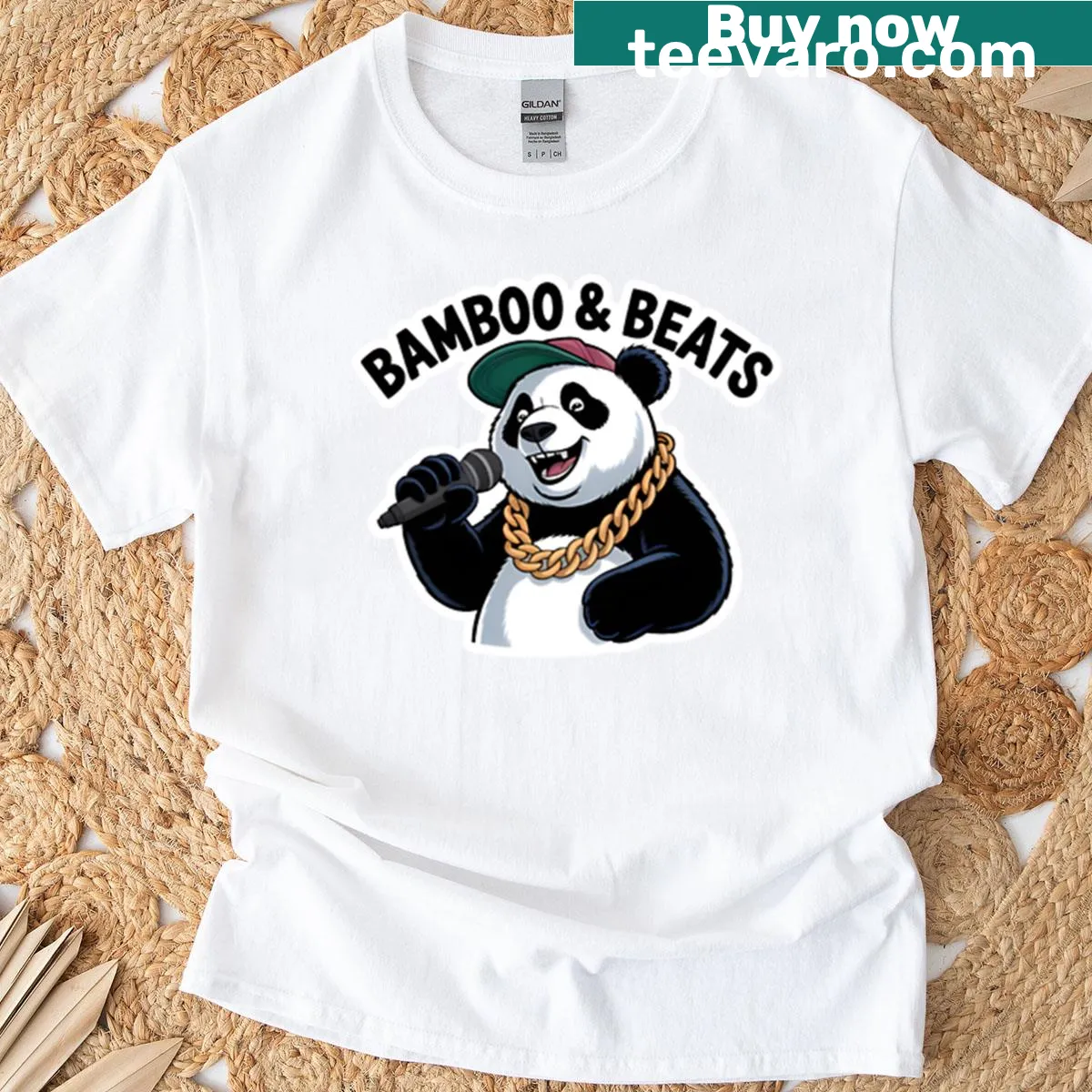 Illustrated panda enjoying bamboo on a playful t-shirt — on a men's t-shirt