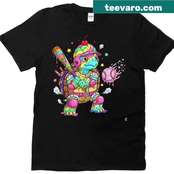 Cartoon turtle shirt featuring baseball and ice cream