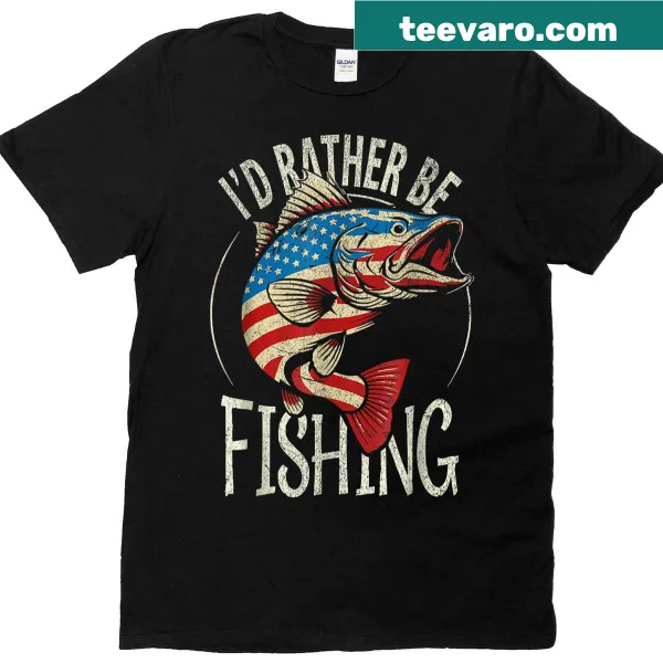 Fish illustration with 'I'd Rather Be Fishing' text on t-shirt