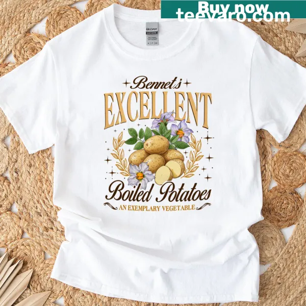 Playful T-shirt with Pride and Prejudice inspired boiled potatoes design.