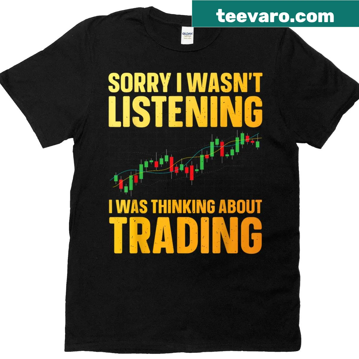 Playful stock market-themed illustration on a trading t-shirt — on a men's t-shirt
