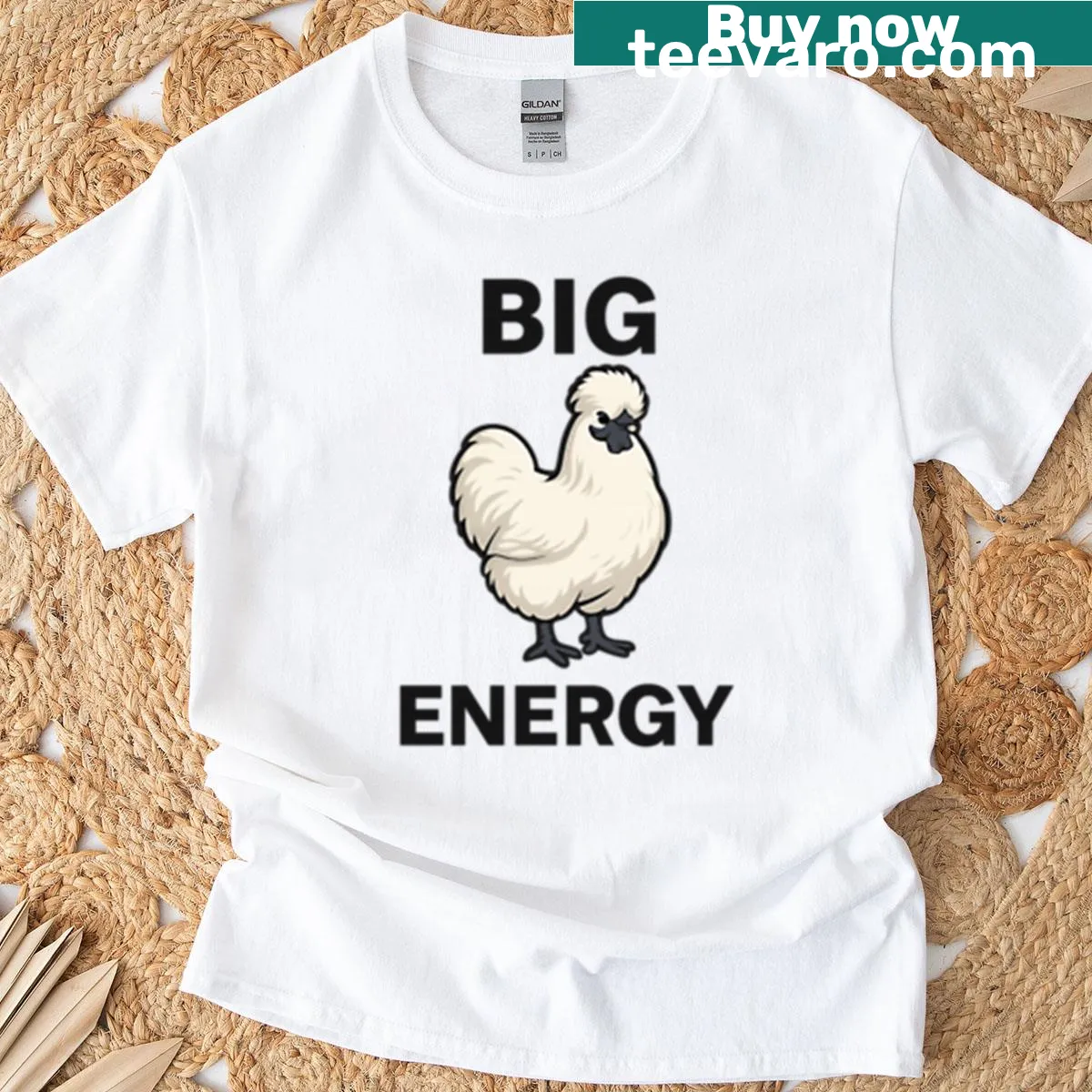 Oversized t-shirt with a Silkie Bantam rooster graphic — on a men's t-shirt