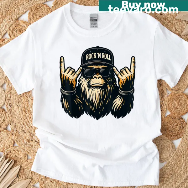 Bigfoot illustration with rock pose and heavy metal vibes