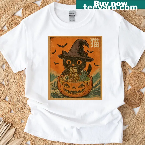 Halloween T-shirt with a black cat and ramen graphic.
