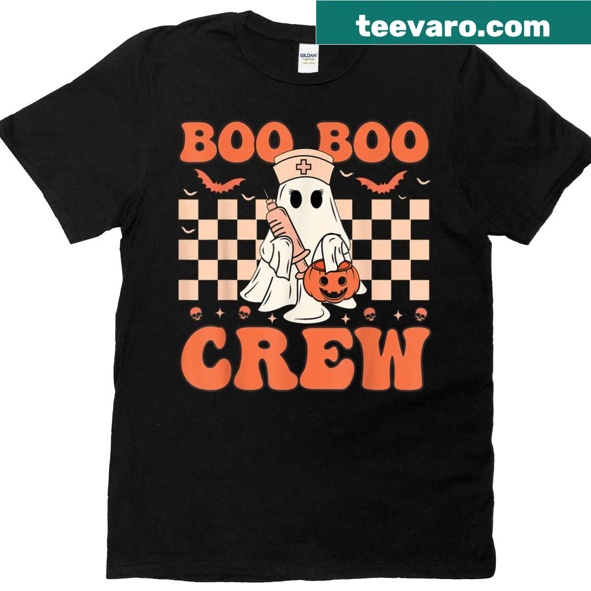 Nurse Halloween t-shirt with ghosts and 'Boo Boo Crew' text — on a men's t-shirt