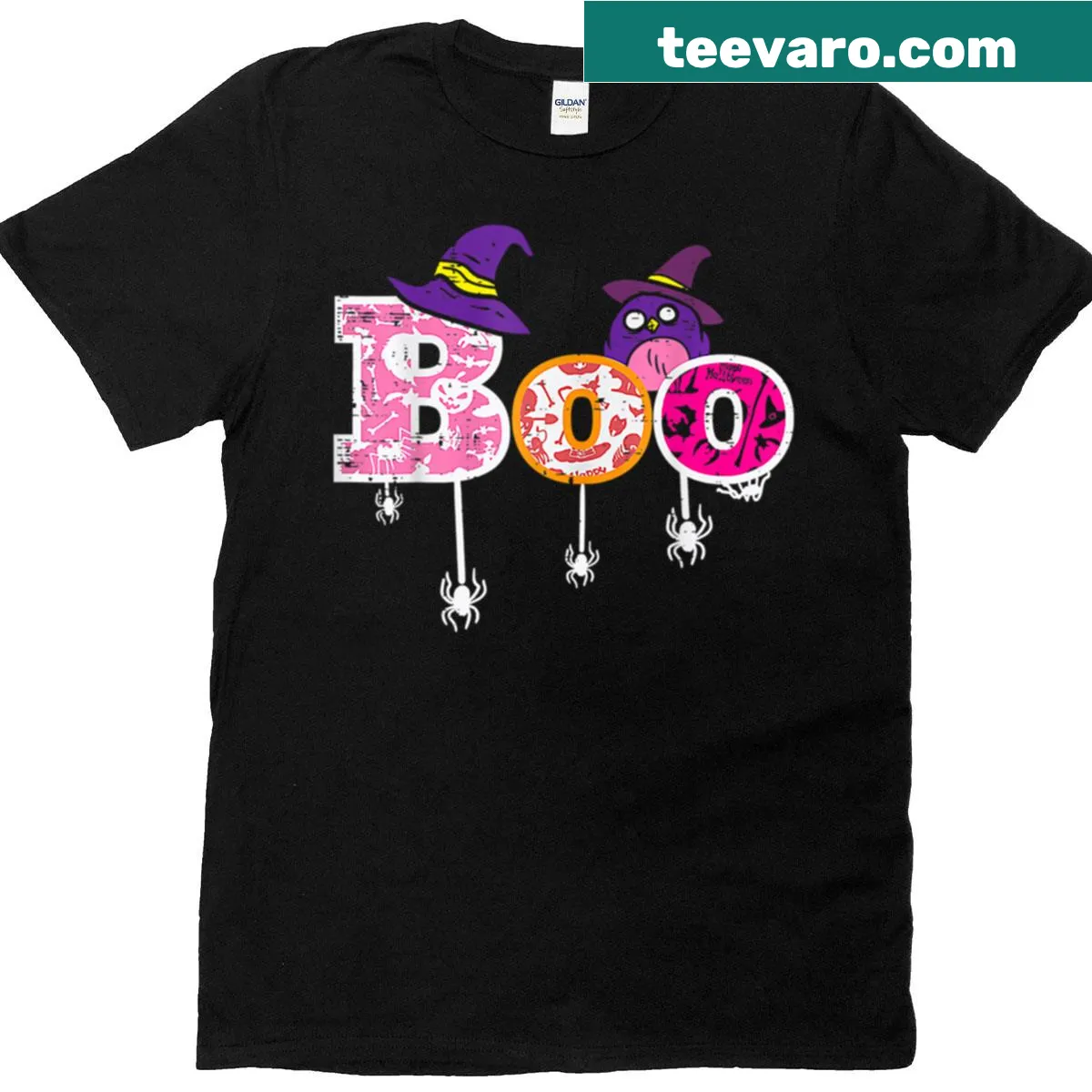 Boo t-shirt with whimsical spiders for Halloween celebrations — on a men's t-shirt