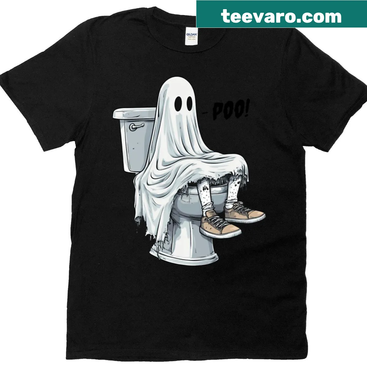 Cartoon ghost on toilet Halloween T-shirt design — on a men's t-shirt