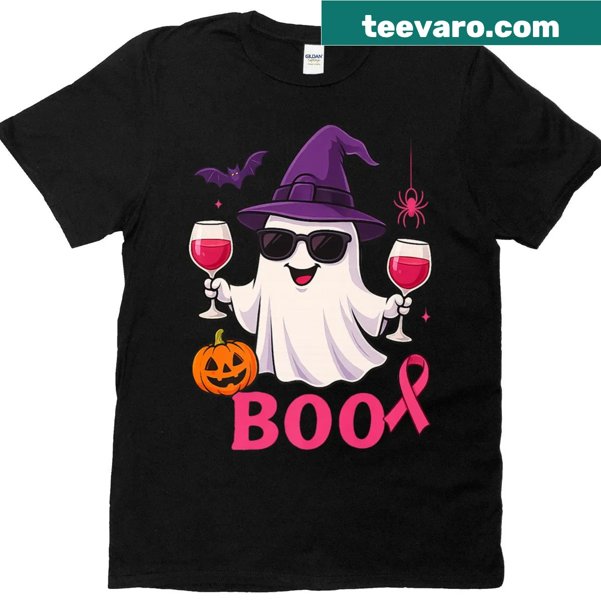 Ghost in a witch hat with pumpkin and wine for Halloween awareness — on a men's t-shirt