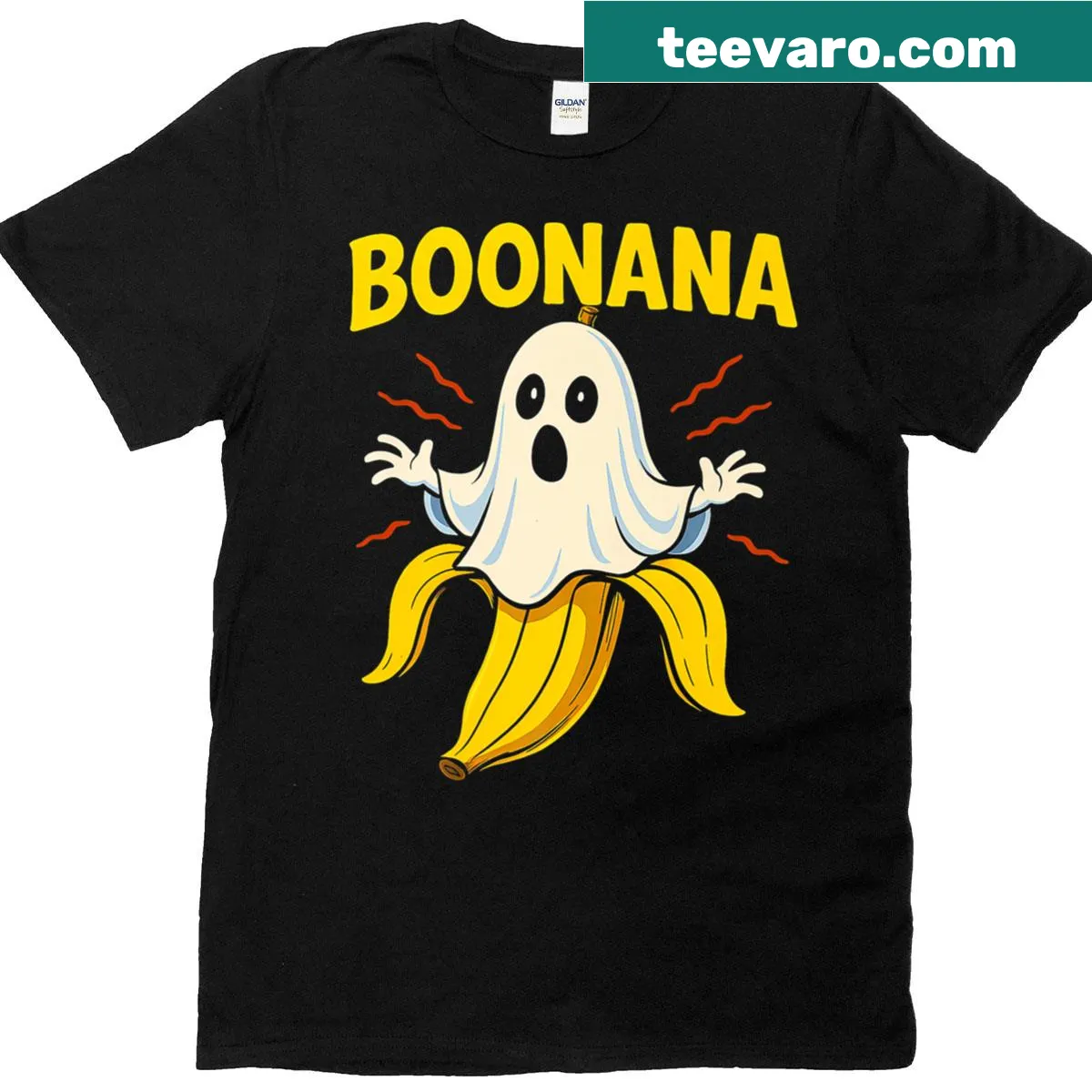 Cartoon banana ghost character on a Halloween-themed t-shirt — on a men's t-shirt