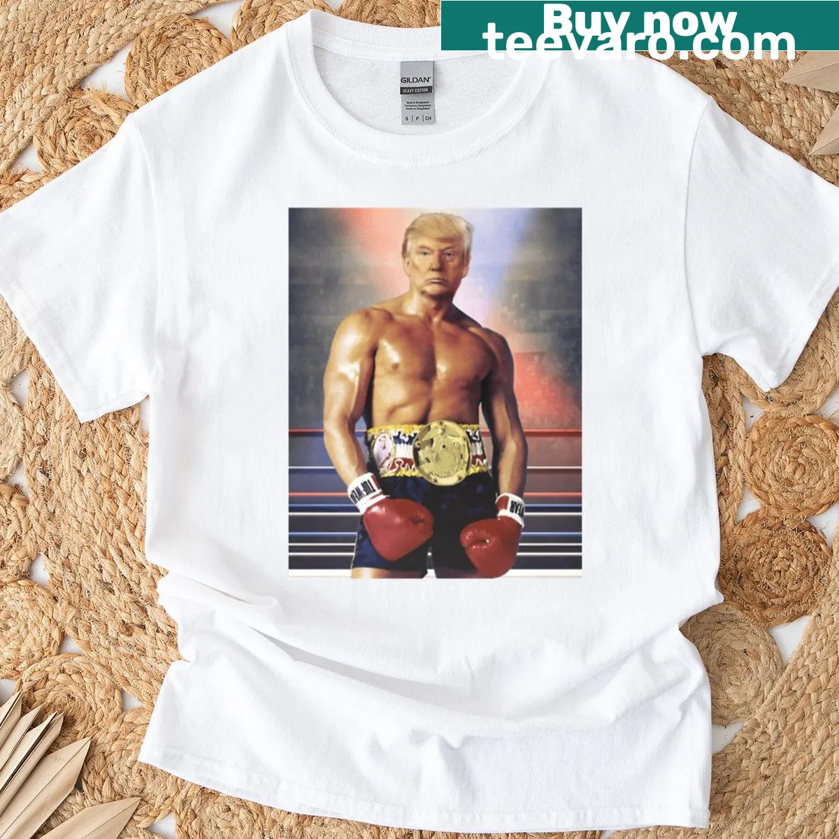 Humorous T-shirt featuring a boxer-themed Trump graphic. — on a men's t-shirt