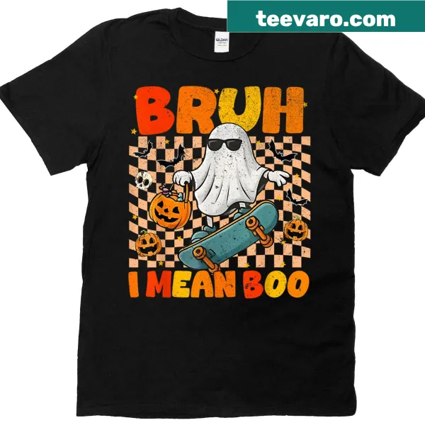 Kids t-shirt with a cartoon ghost and 'Bruh Ghost I Mean Boo' text