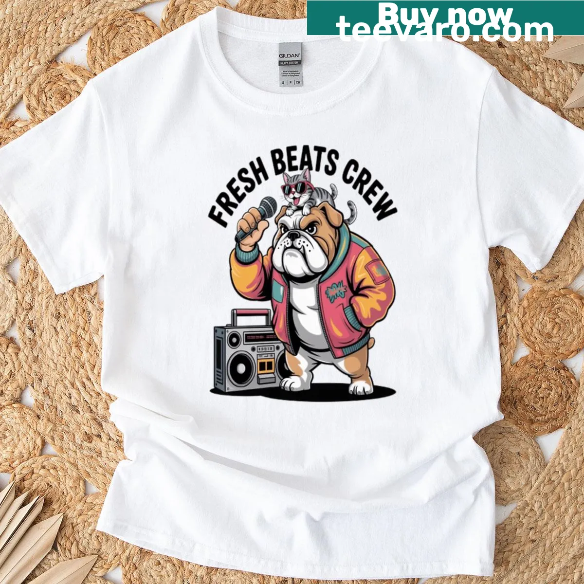 Oversized T-shirt with cartoon bulldog and cat in hip-hop style — on a men's t-shirt