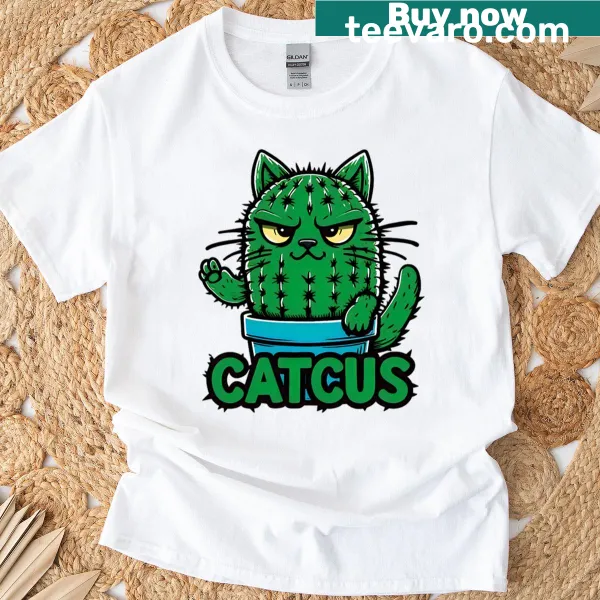 Playful Cactus Cat graphic T-shirt for cat lovers
