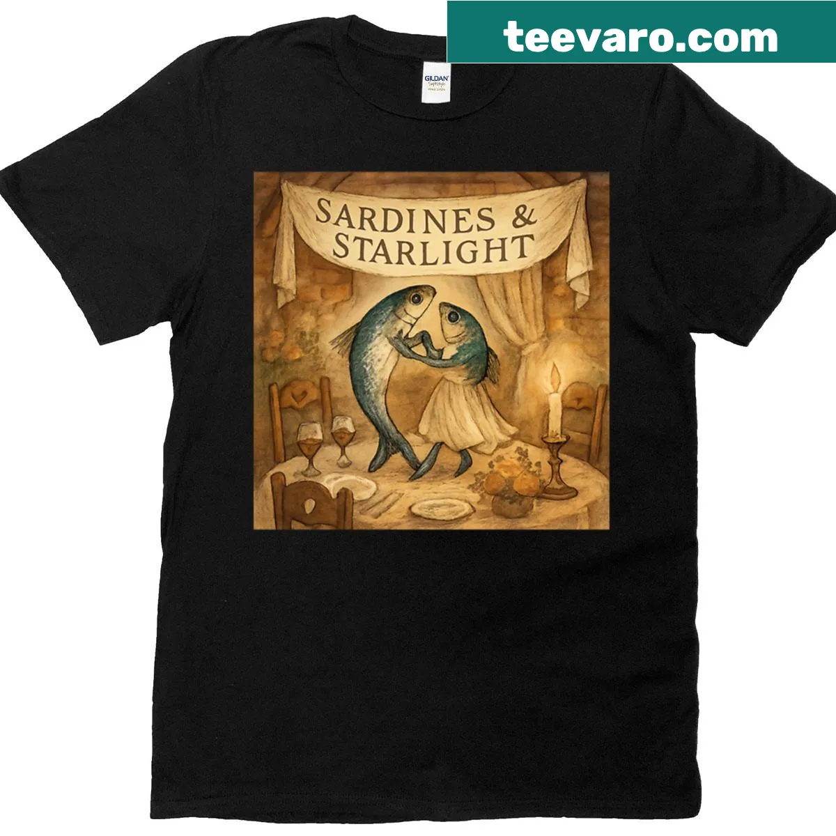 Text saying Canned Romance with a quirky design on a t-shirt — on a men's t-shirt