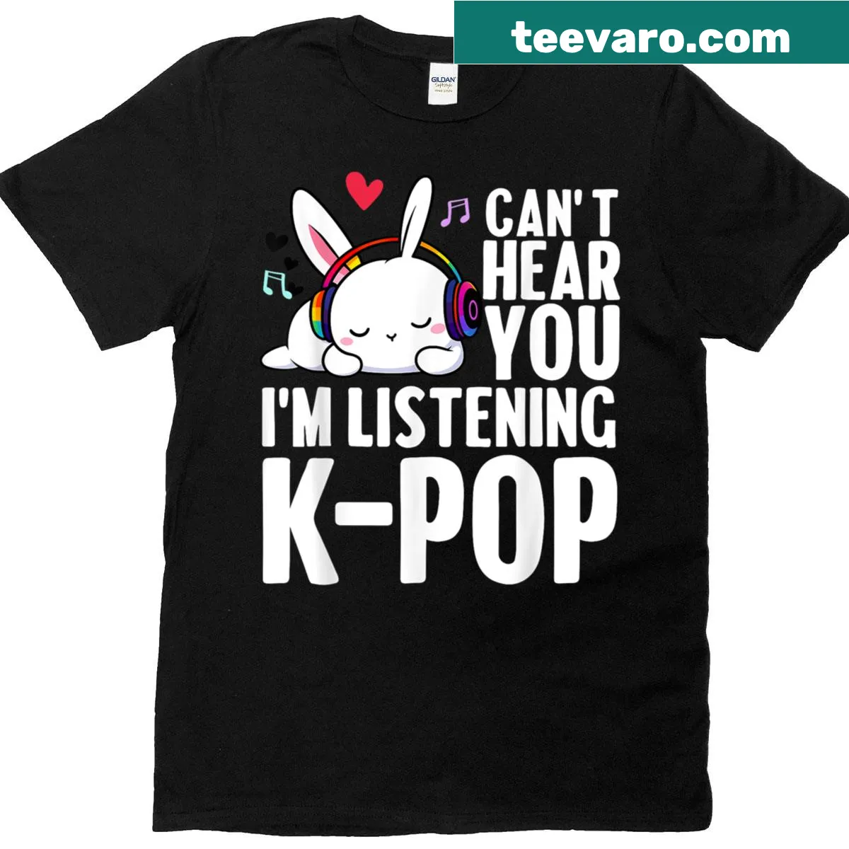 Cute sleeping rabbit t-shirt with K-pop themed text — on a men's t-shirt