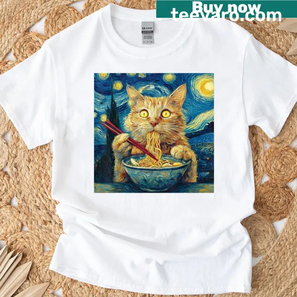 Whimsical cat eating ramen graphic T-shirt