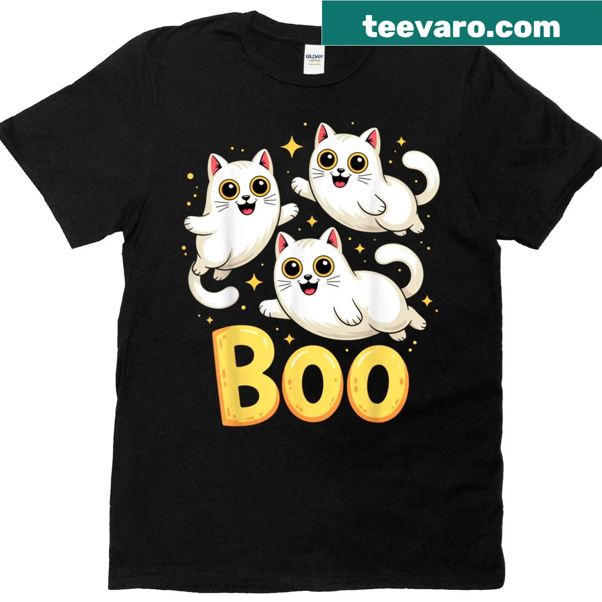 Cute ghost cat graphic with 'Boo' text for Halloween t-shirt — on a men's t-shirt