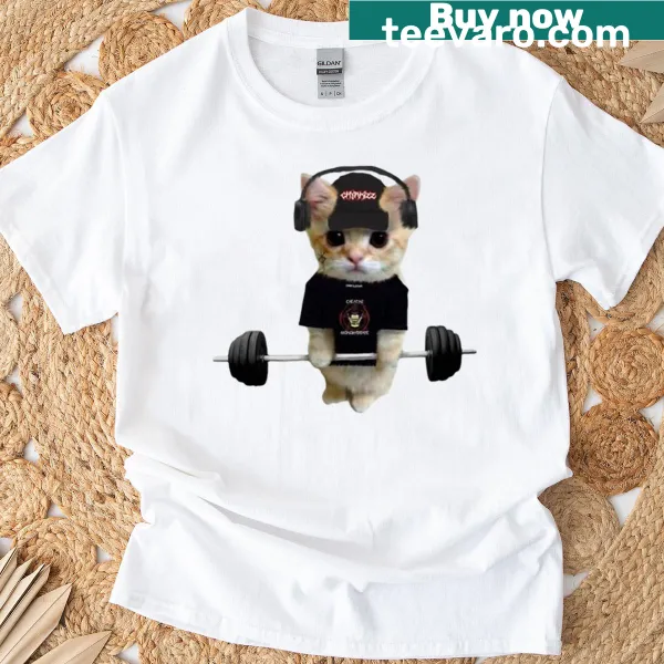 Cat lifting weights graphic on a gym-themed T-shirt