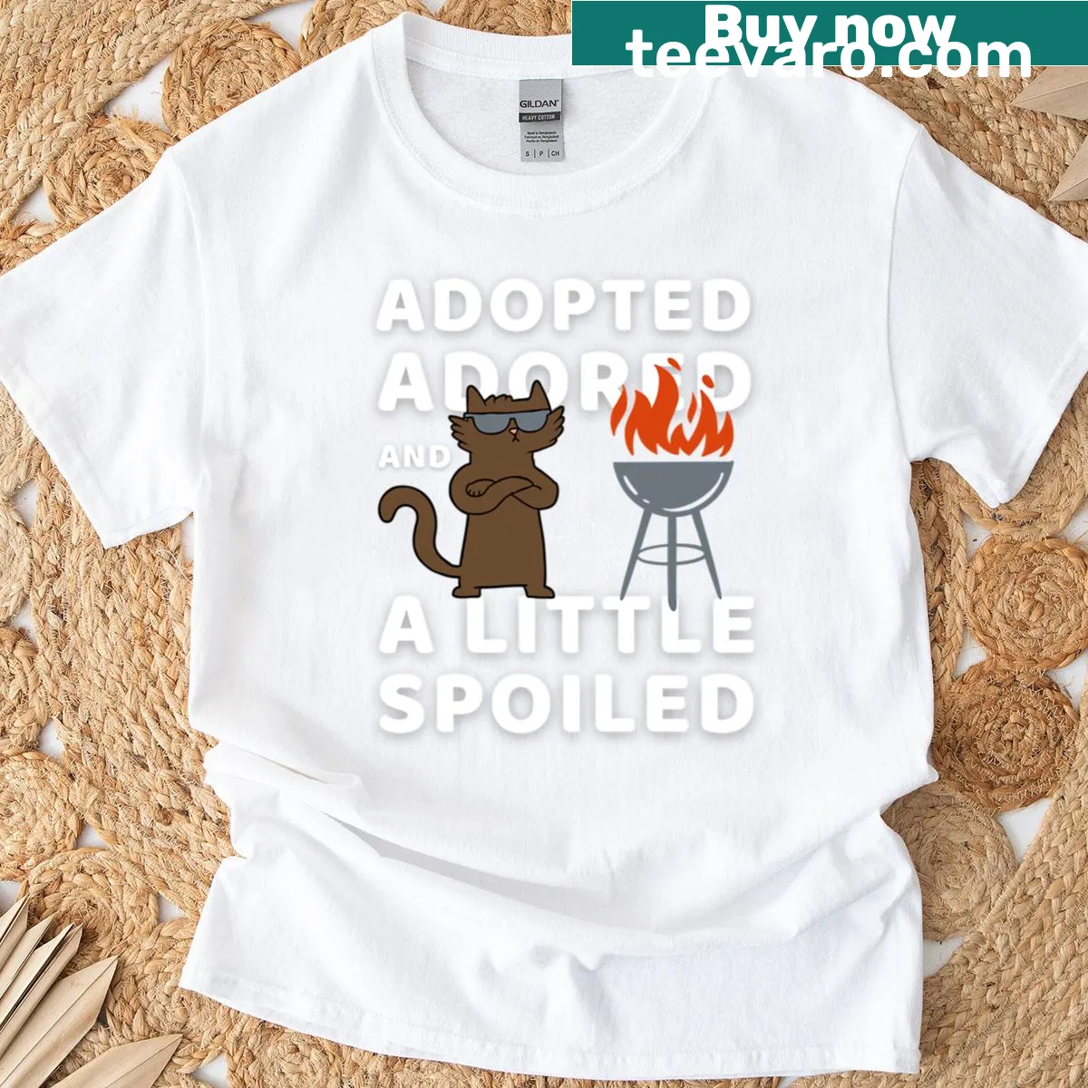 Cute cat lover t-shirt with the phrase 'Adopted, Adored, and A Little Spoiled' — on a men's t-shirt