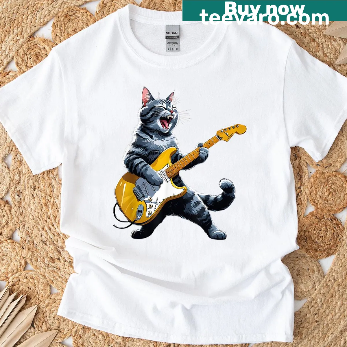 Cute cat playing guitar graphic T-shirt for music lovers — on a men's t-shirt