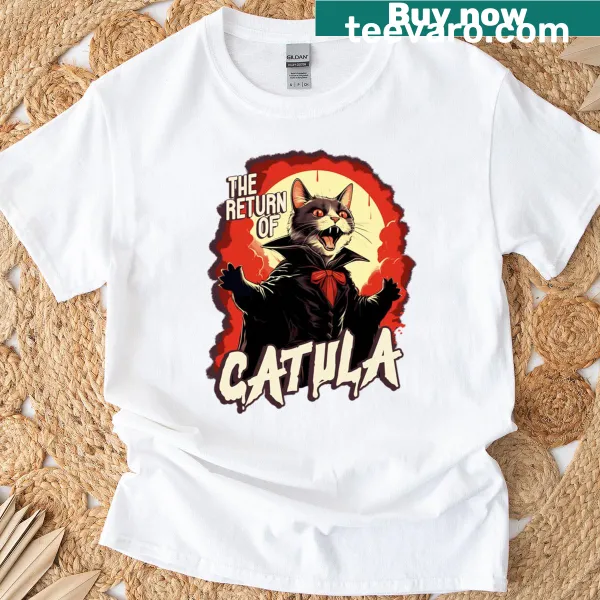 Cartoon T-shirt featuring Catula, the vampire cat for Halloween