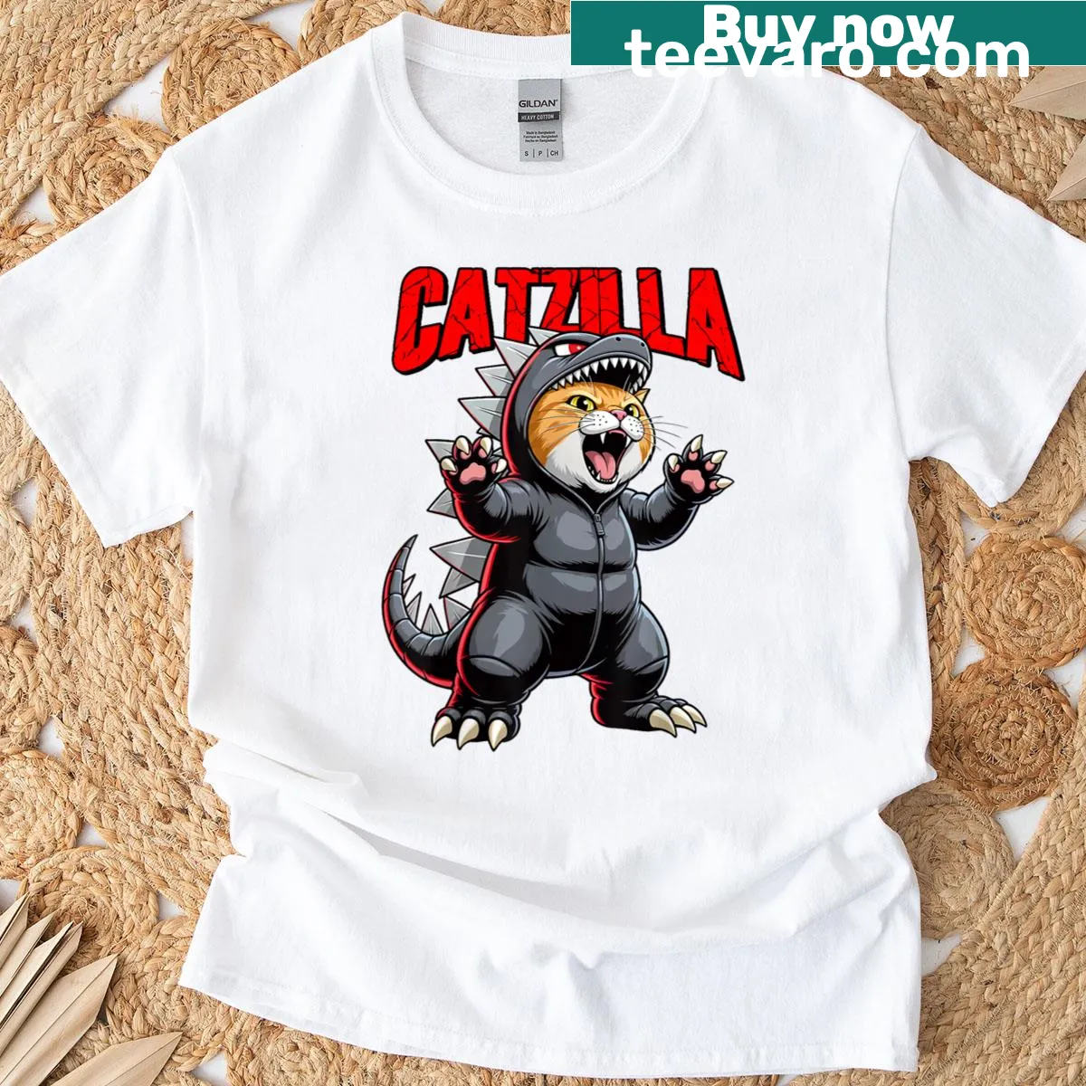 Cute t-shirt featuring a cartoon Catzilla and playful kitty design — on a men's t-shirt