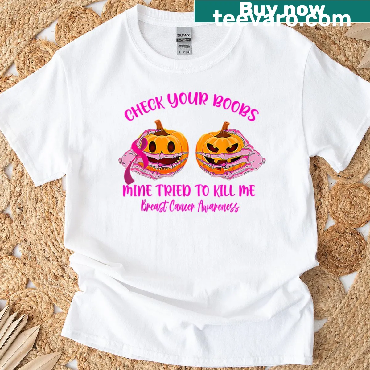 Funny Halloween oversized T-shirt with pumpkin and humorous text — on a men's t-shirt