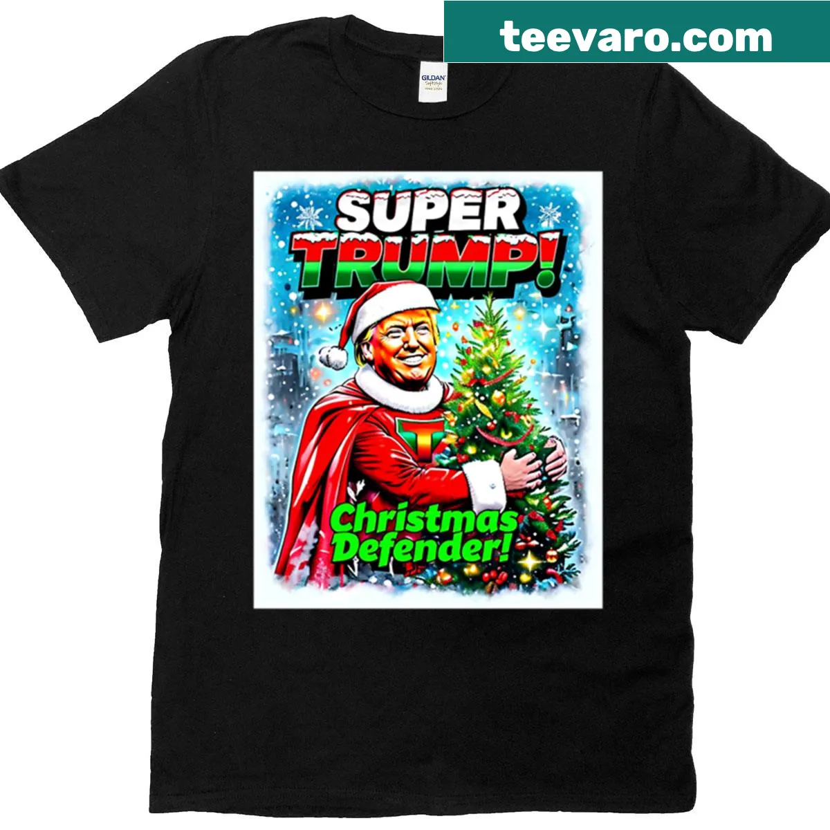 Cheerful superhero graphic for Christmas on T-shirt — on a men's t-shirt