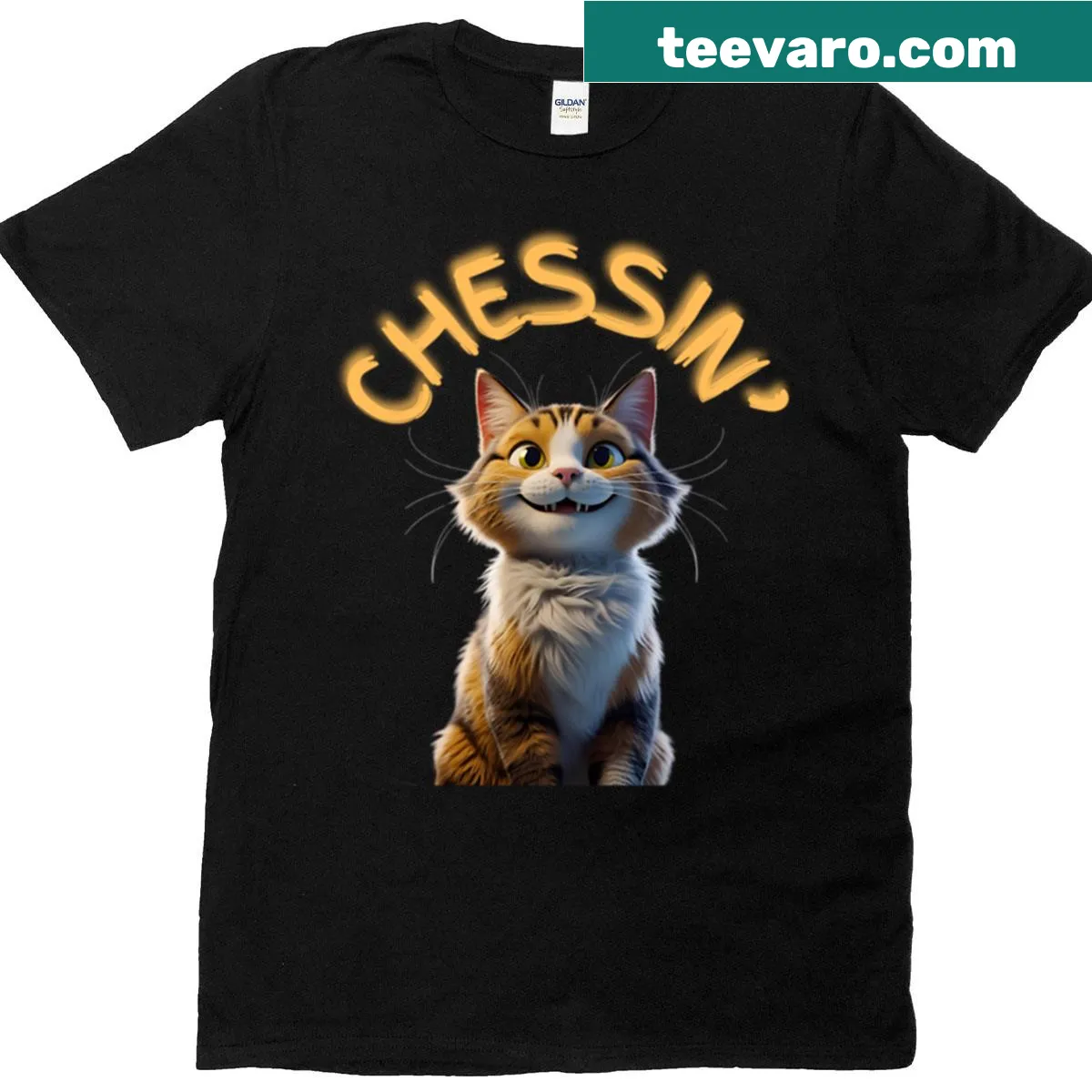 Whimsical cat on a chessboard graphic on T-shirt — on a men's t-shirt