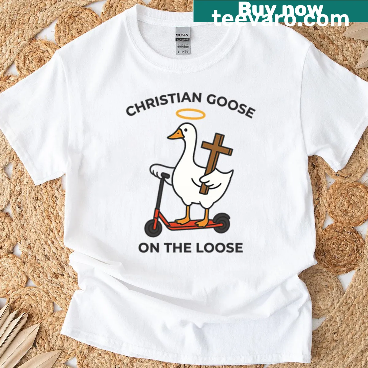 Cute Christian goose graphic on a playful tee — on a men's t-shirt