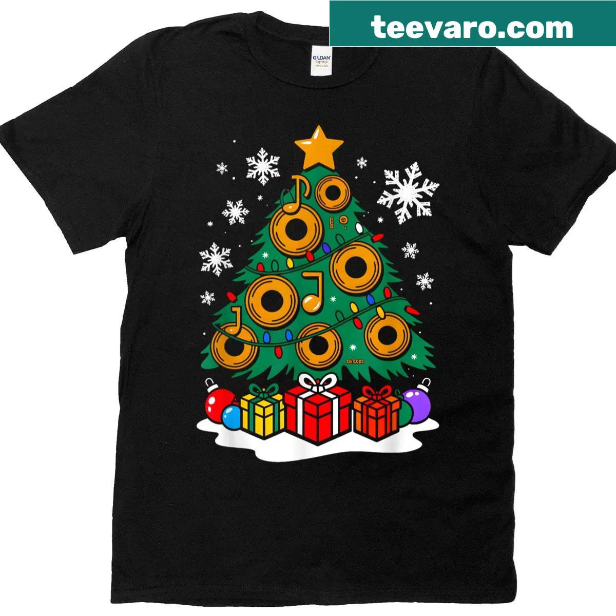 Funny DJ Santa with Christmas tree on T-shirt — on a men's t-shirt