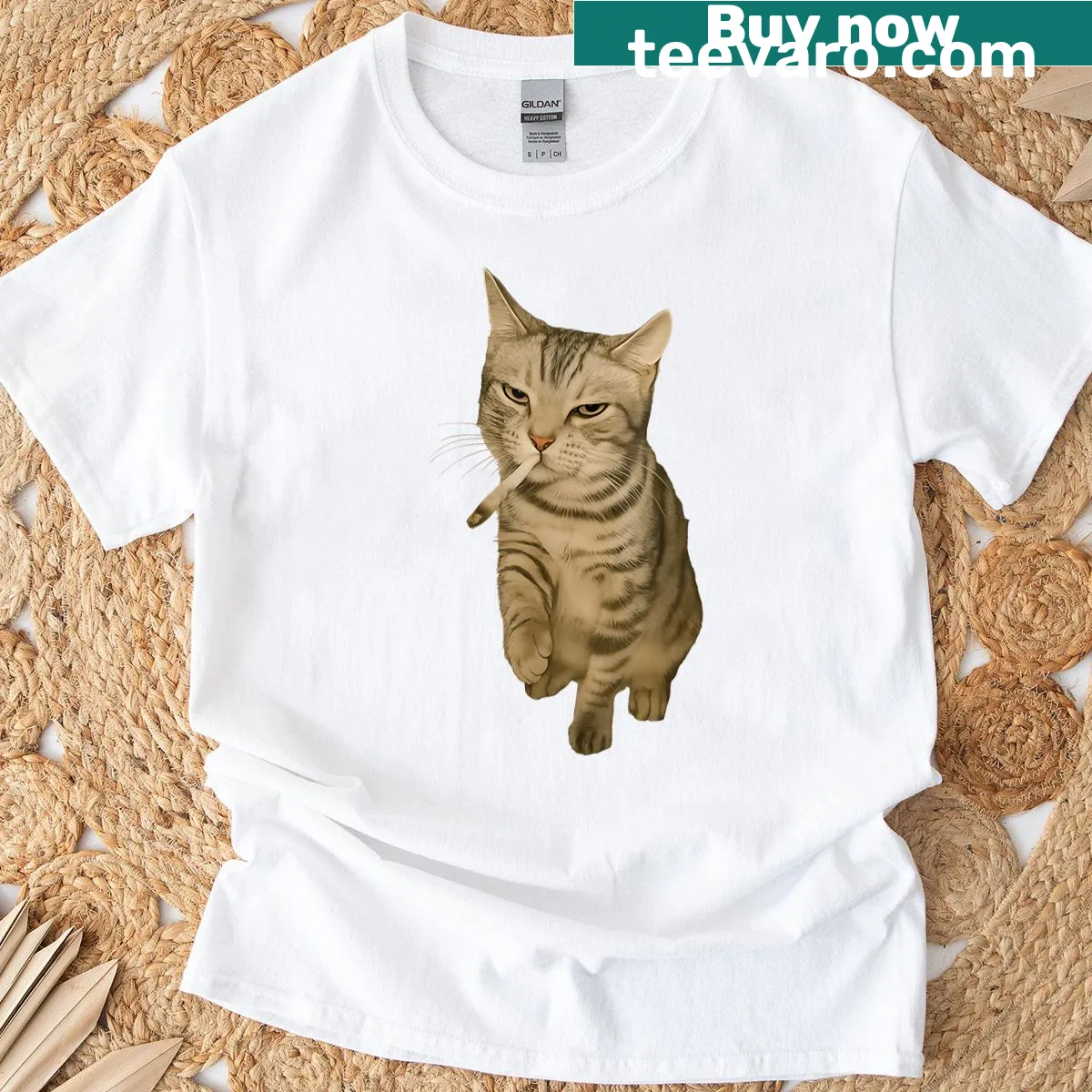 Funny kitten smoking graphic on T-shirt — on a men's t-shirt