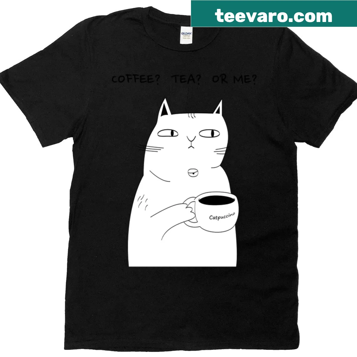 Oversized T-shirt with a cat in a coffee cup and the phrase 'Coffee Tea Or Me' — on a men's t-shirt