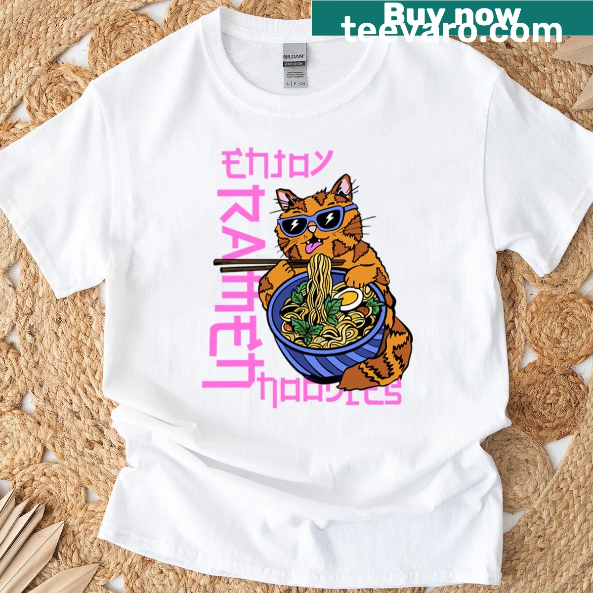 Cool cat enjoying ramen noodles graphic on a tee — on a men's t-shirt