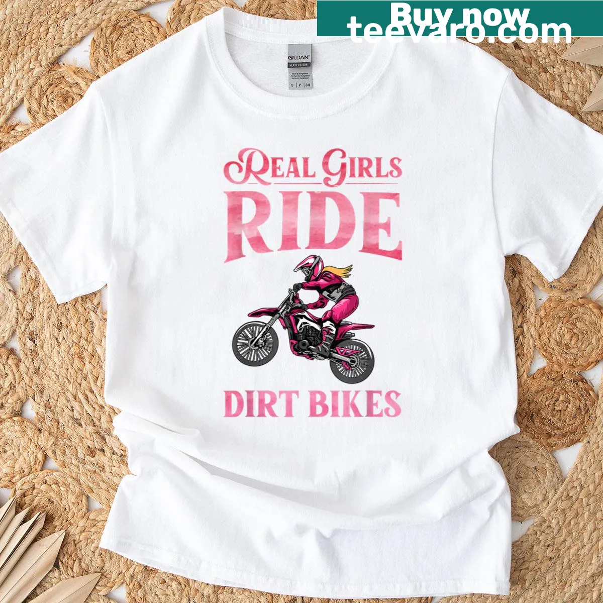 Dynamic dirt bike art T-shirt designed for women riders — on a men's t-shirt