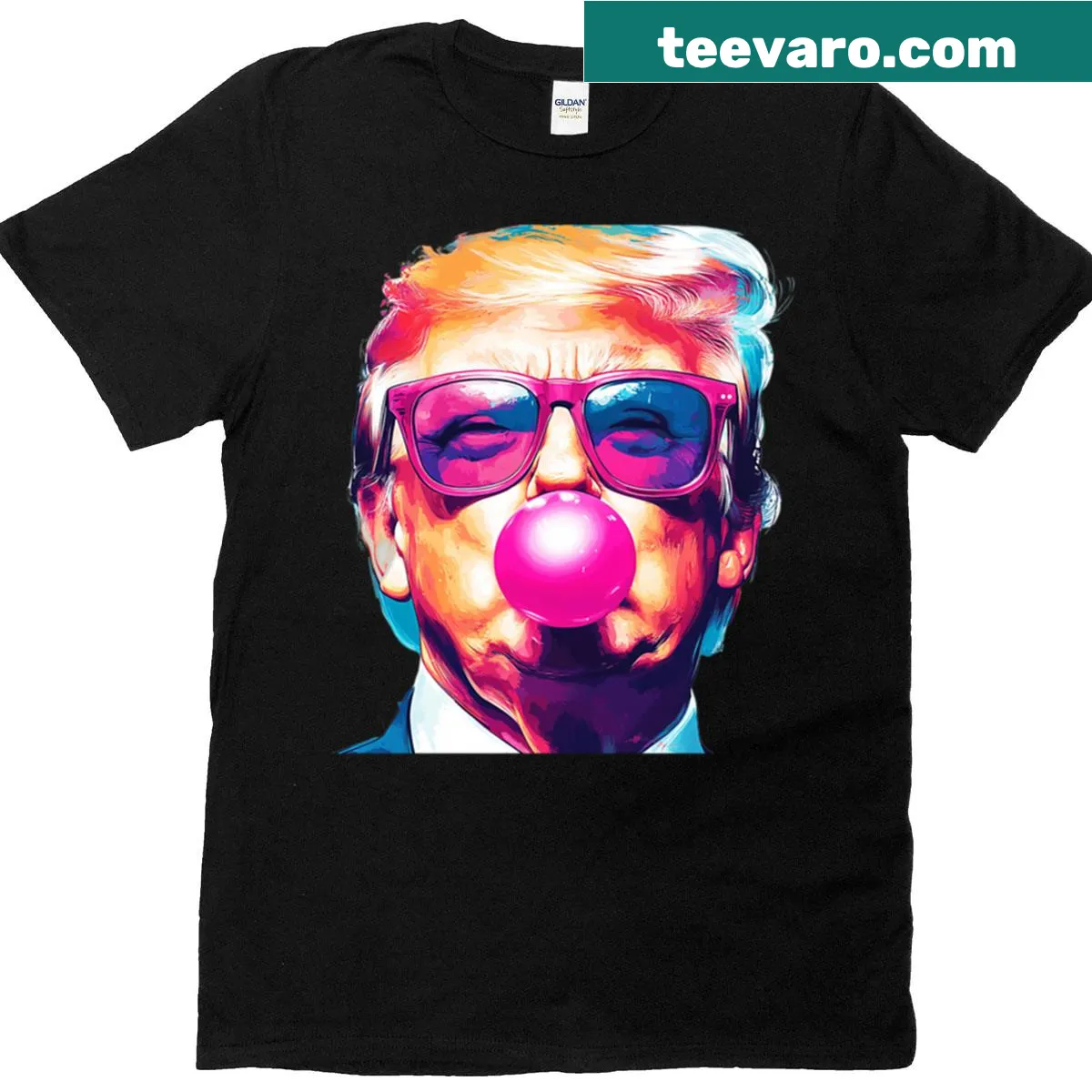Oversized T-shirt with cartoon of Trump blowing bubble gum — on a men's t-shirt