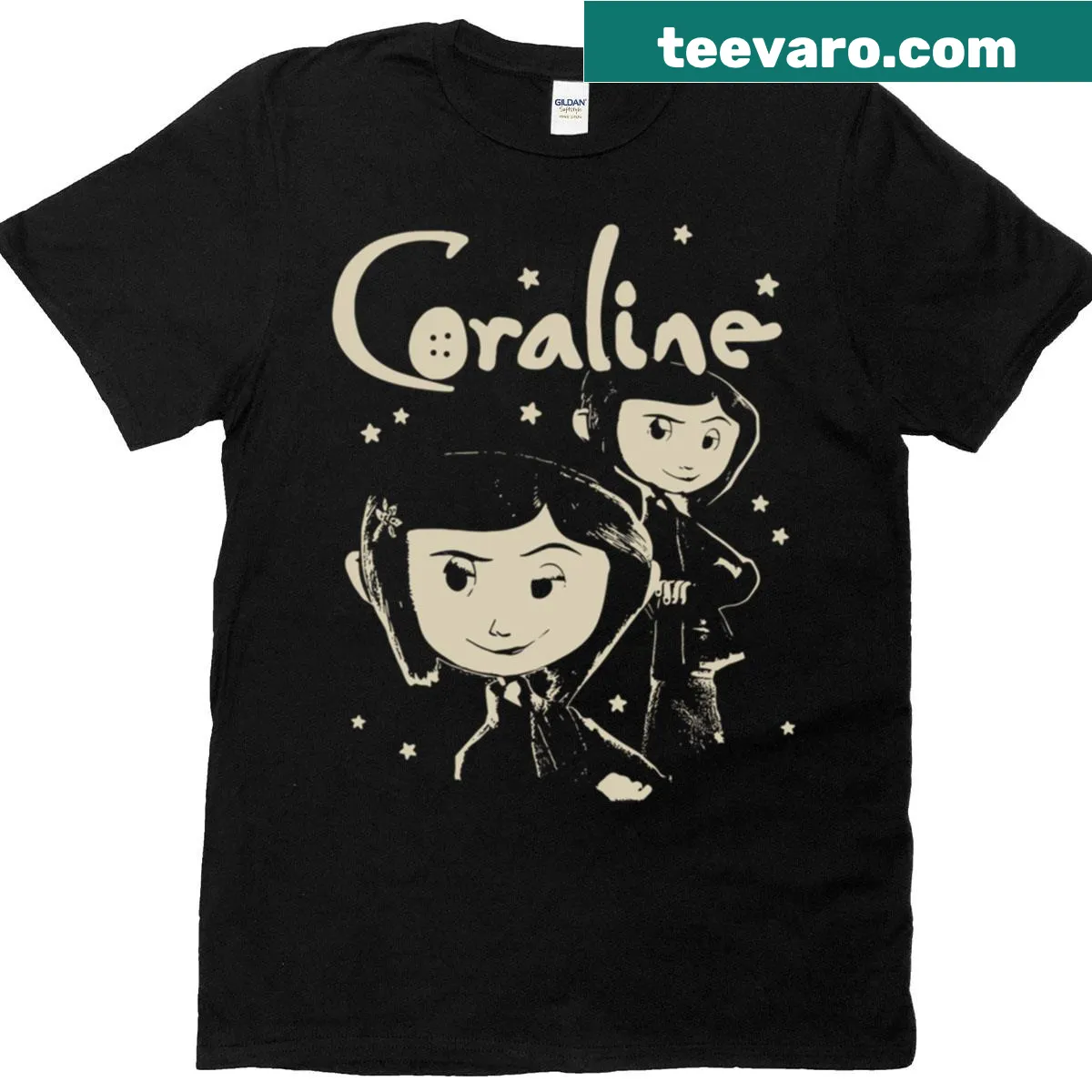 Illustrative Coraline spooky movie t-shirt — on a men's t-shirt