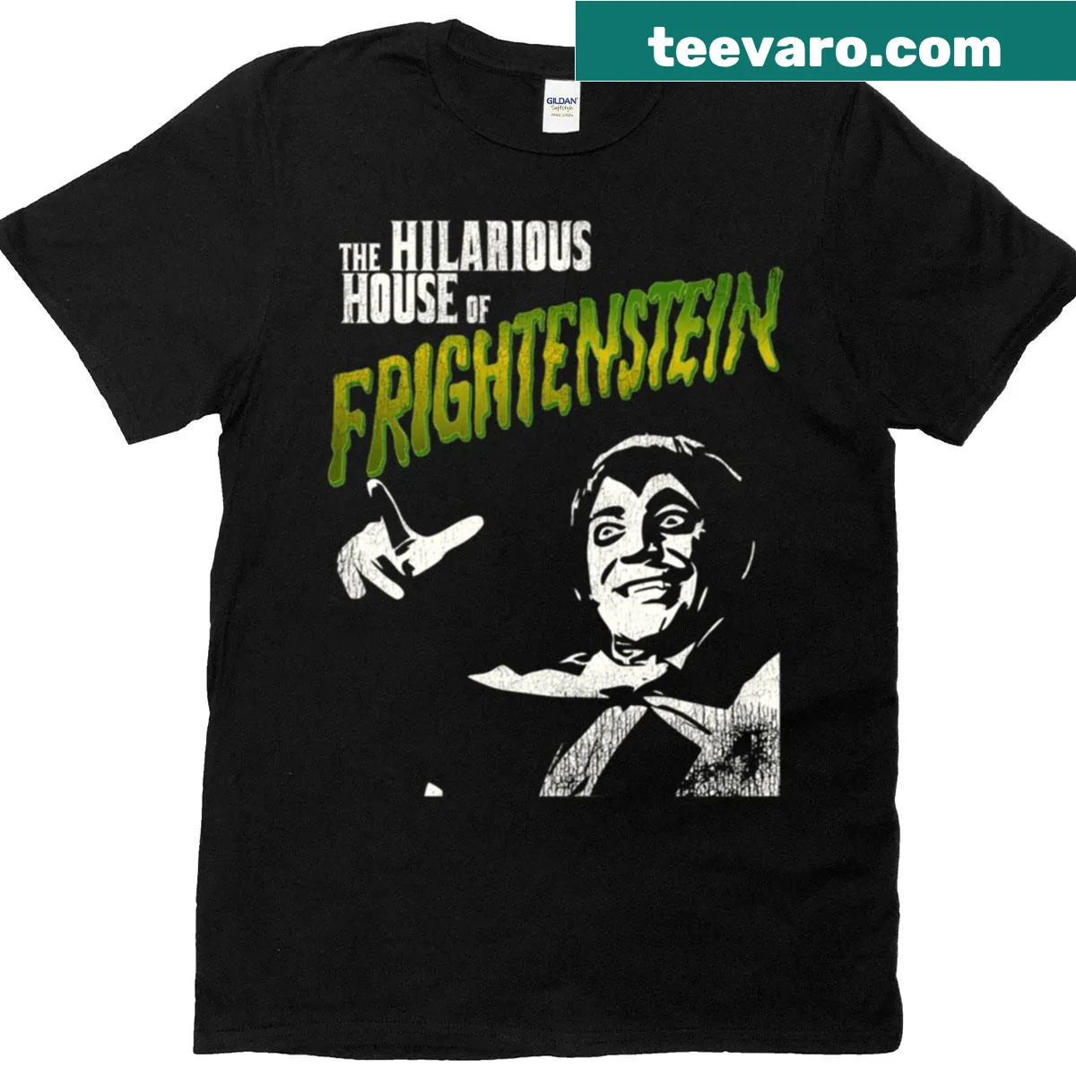 Vampire-themed t-shirt featuring Count Frightenstein character — on a men's t-shirt