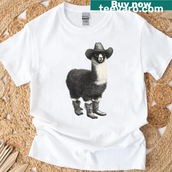 Vintage-style T-shirt featuring a cowboy llama in rodeo theme