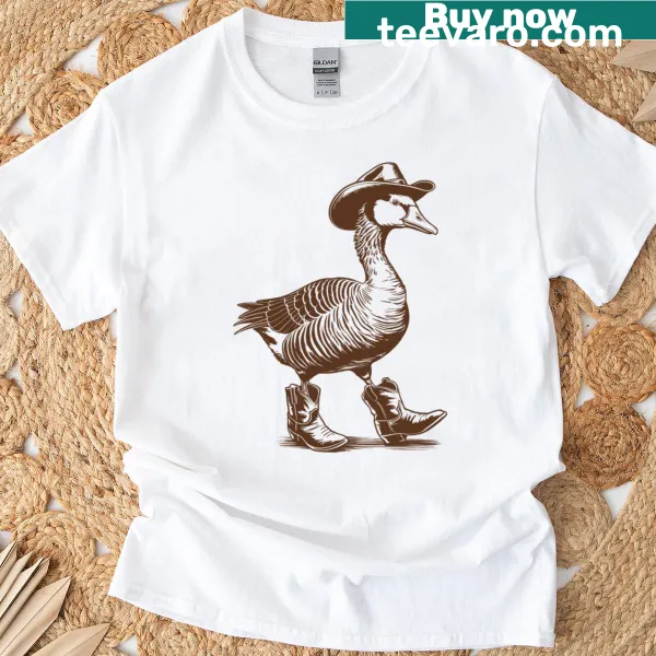 Cartoon cowboy goose wearing boots graphic T-shirt