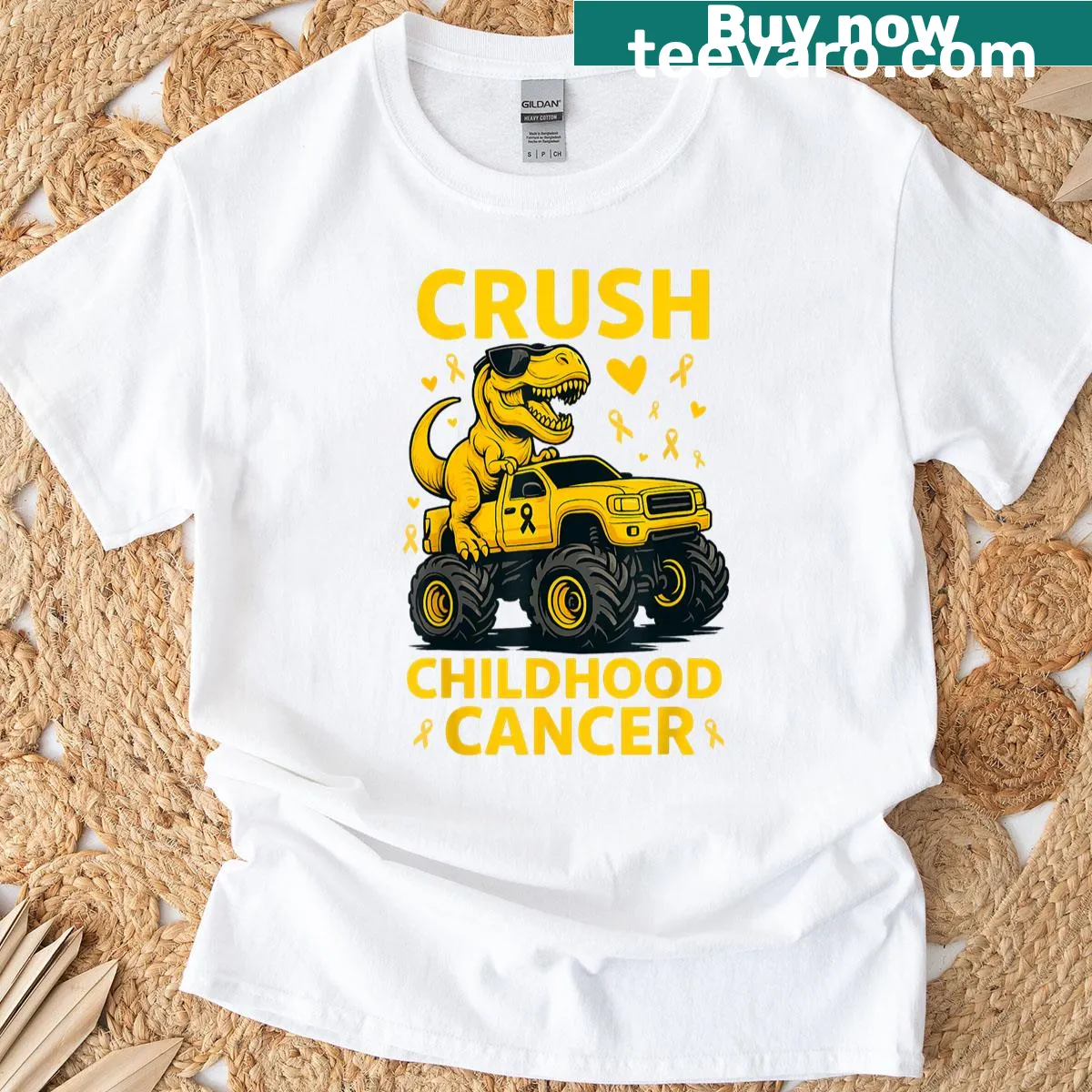Dinosaur and monster truck graphic promoting cancer awareness — on a men's t-shirt