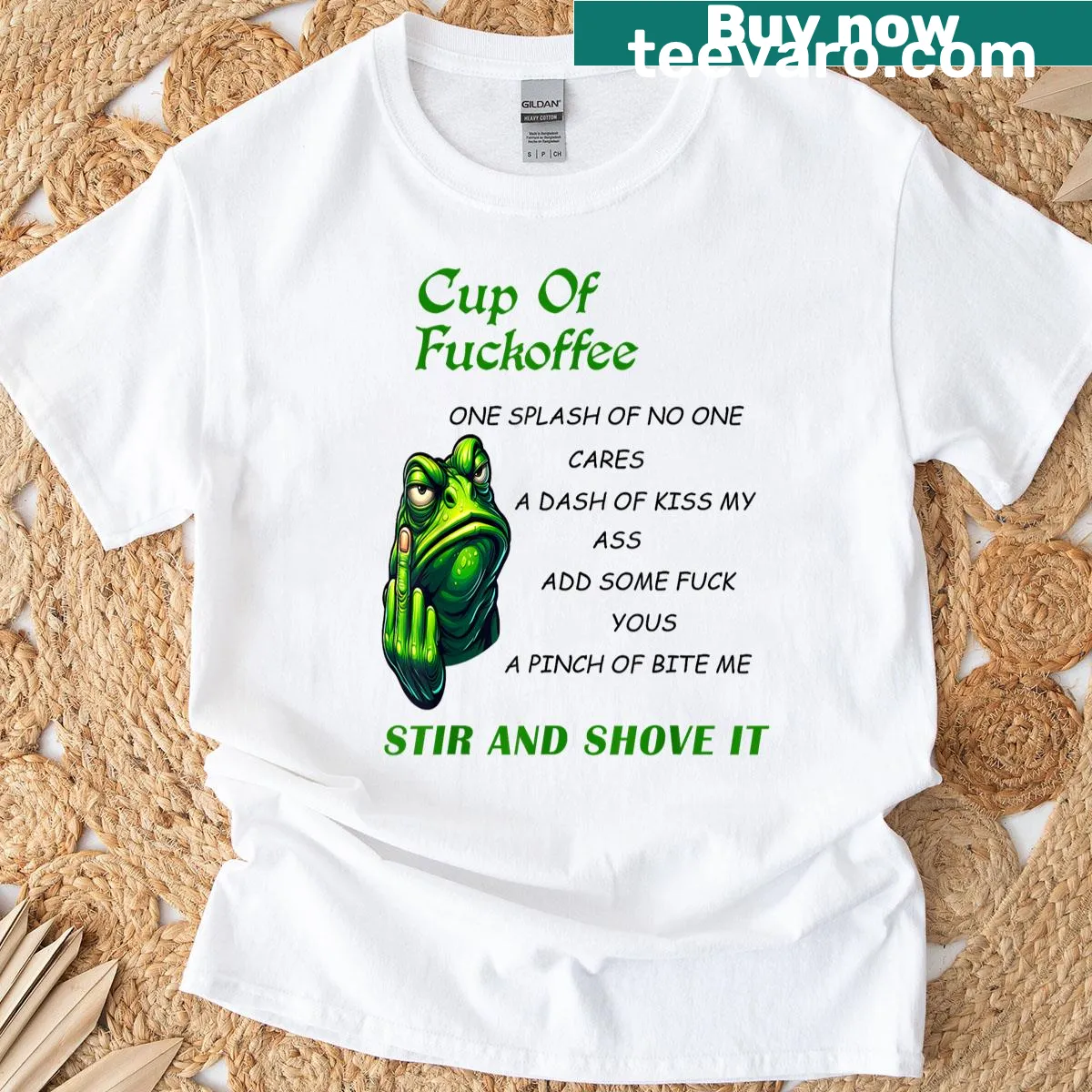 Frog illustration with a humorous coffee-related phrase — on a men's t-shirt